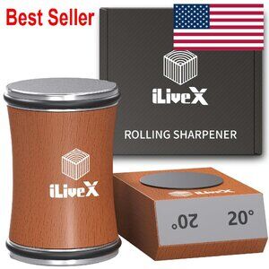 Rolling Knife Sharpener Kit with Stone - Durable Wood Magnetic Holder Gadget